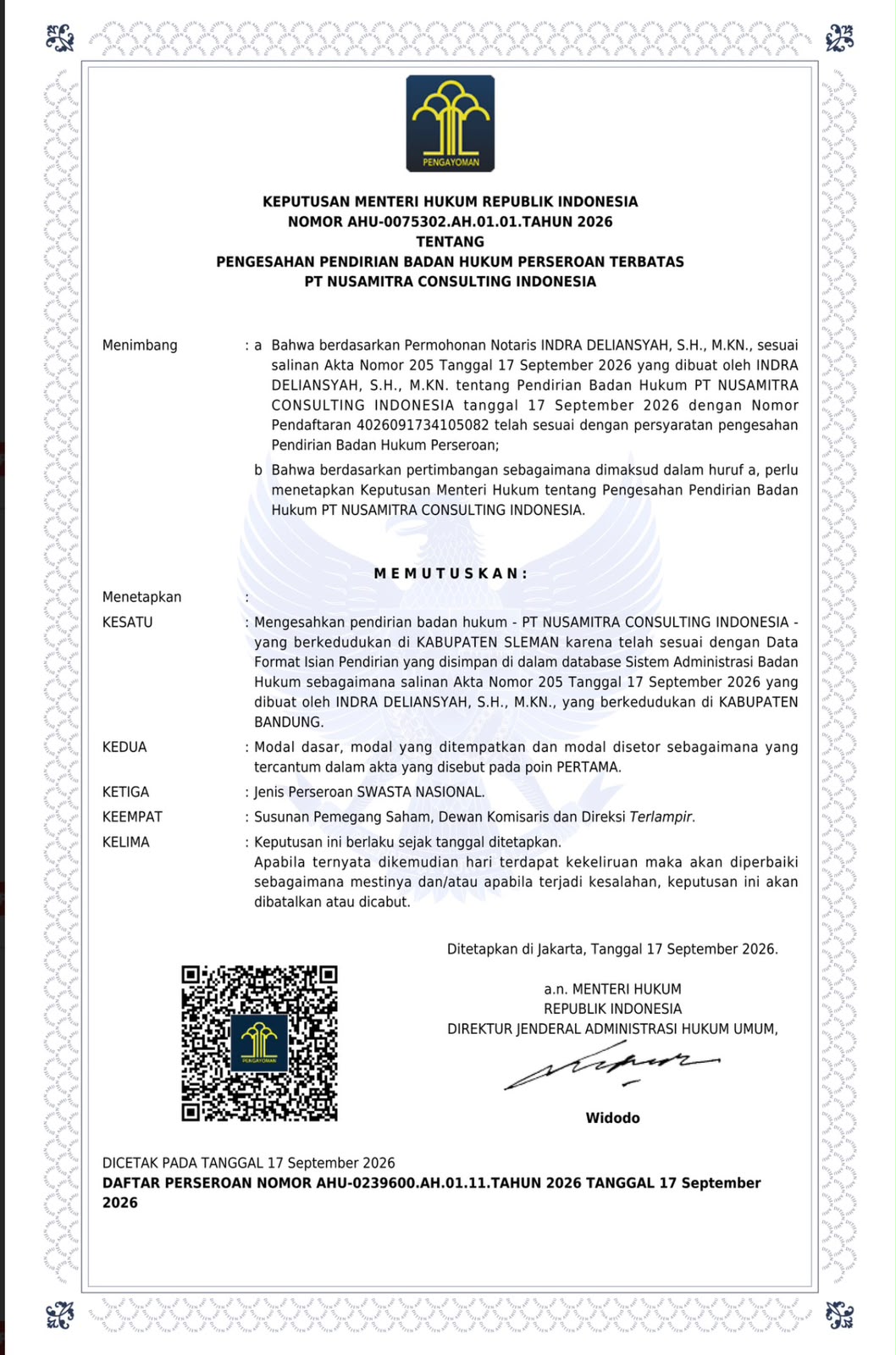 Dokumen resmi Pengesahan Badan Hukum Perseroan Terbatas — PT Nusamitra Consulting Indonesia