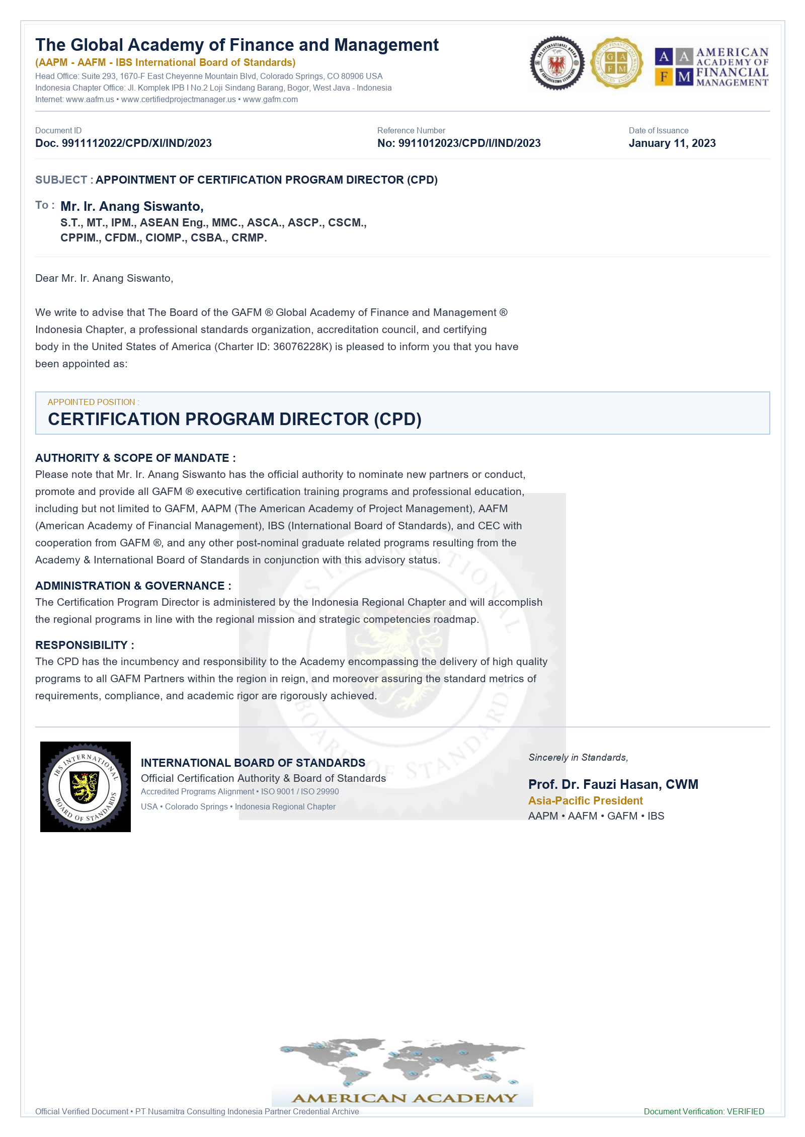 Dokumen resmi Official Appointment — Certification Program Director (CPD) GAFM / AAPM / AAFM / IBS