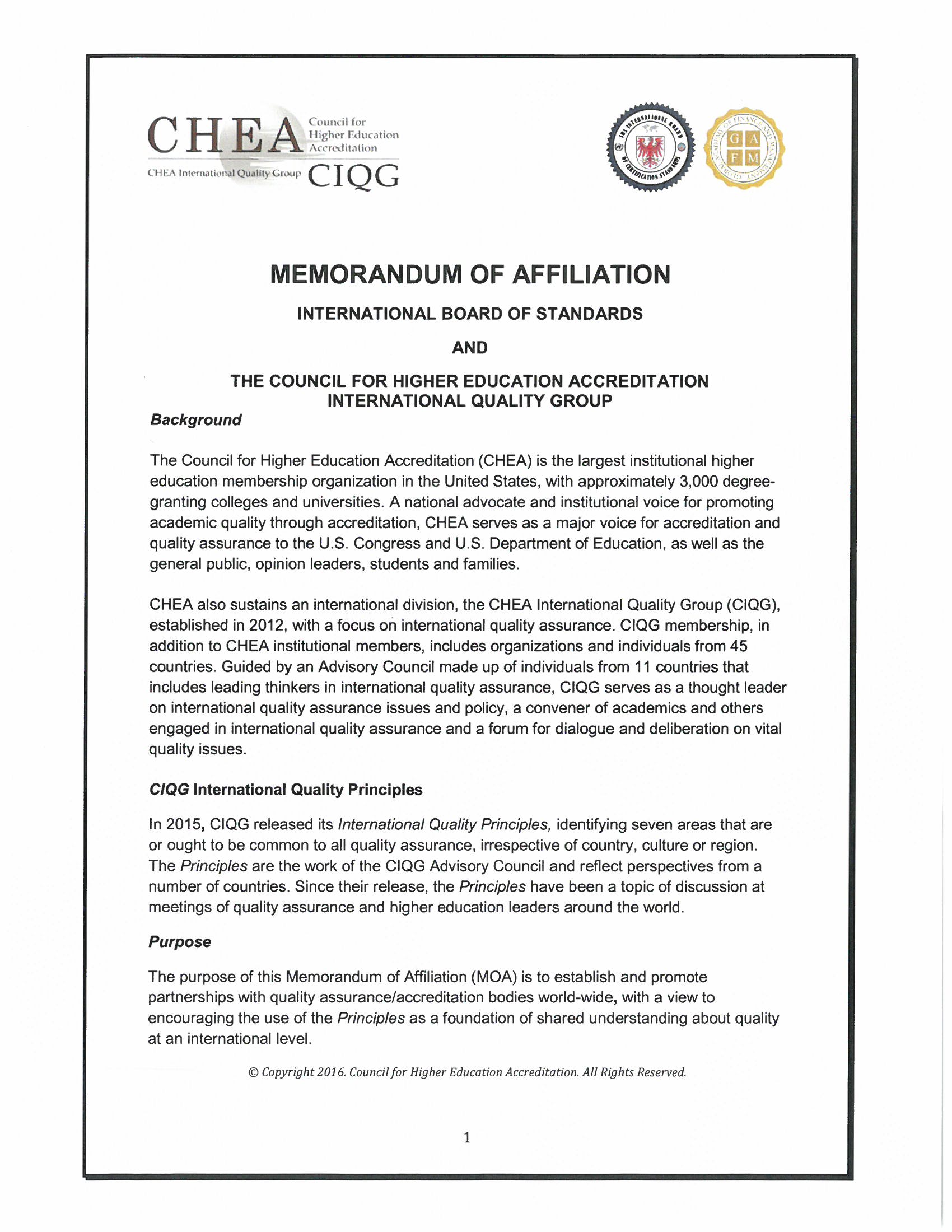 Dokumen resmi Memorandum of Affiliation — International Board of Standards & CHEA / CIQG