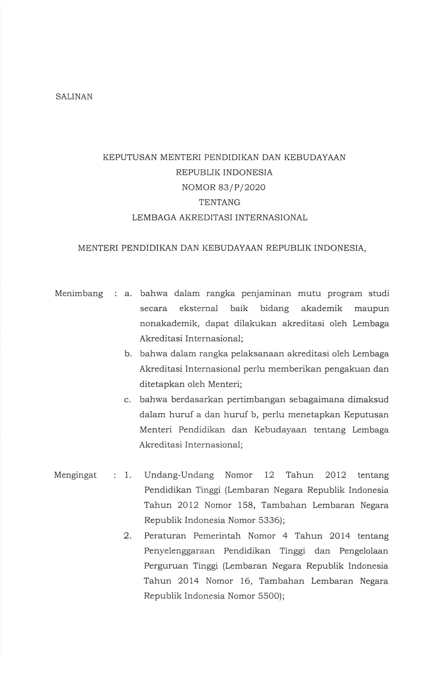 Keputusan Mendikbud RI No. 83/P/2020 tentang Lembaga Akreditasi Internasional - Halaman 2