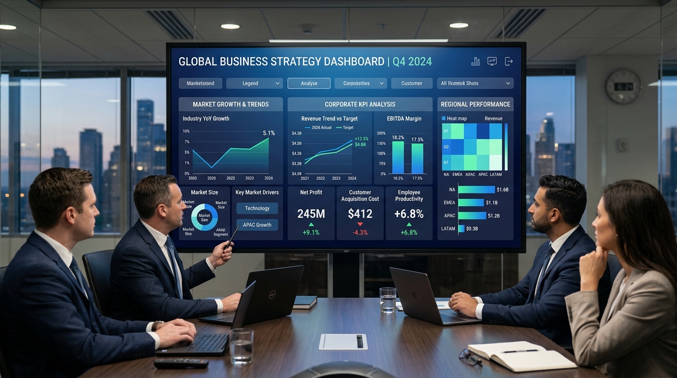 Infografis dan dashboard analitik bidang Business Management, Strategy and Enterpreneur
