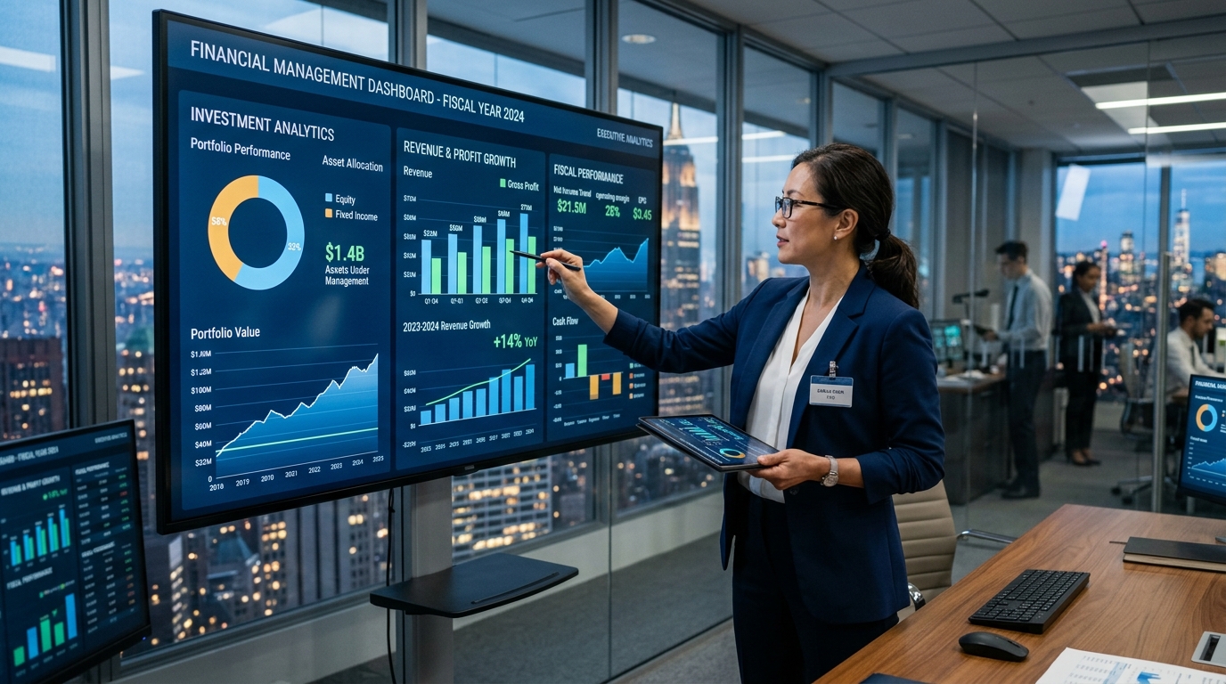 Infografis dan dashboard analitik bidang Finance, Accounting & Tax