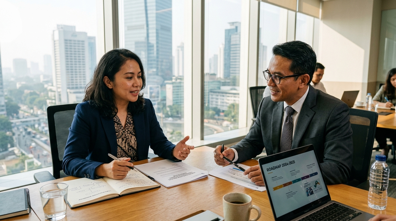 Dua profesional berdiskusi mengenai roadmap sertifikasi kompetensi